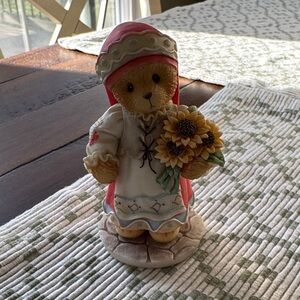 Bear Figurine Holding Sunflowers - White & Pink Dress
